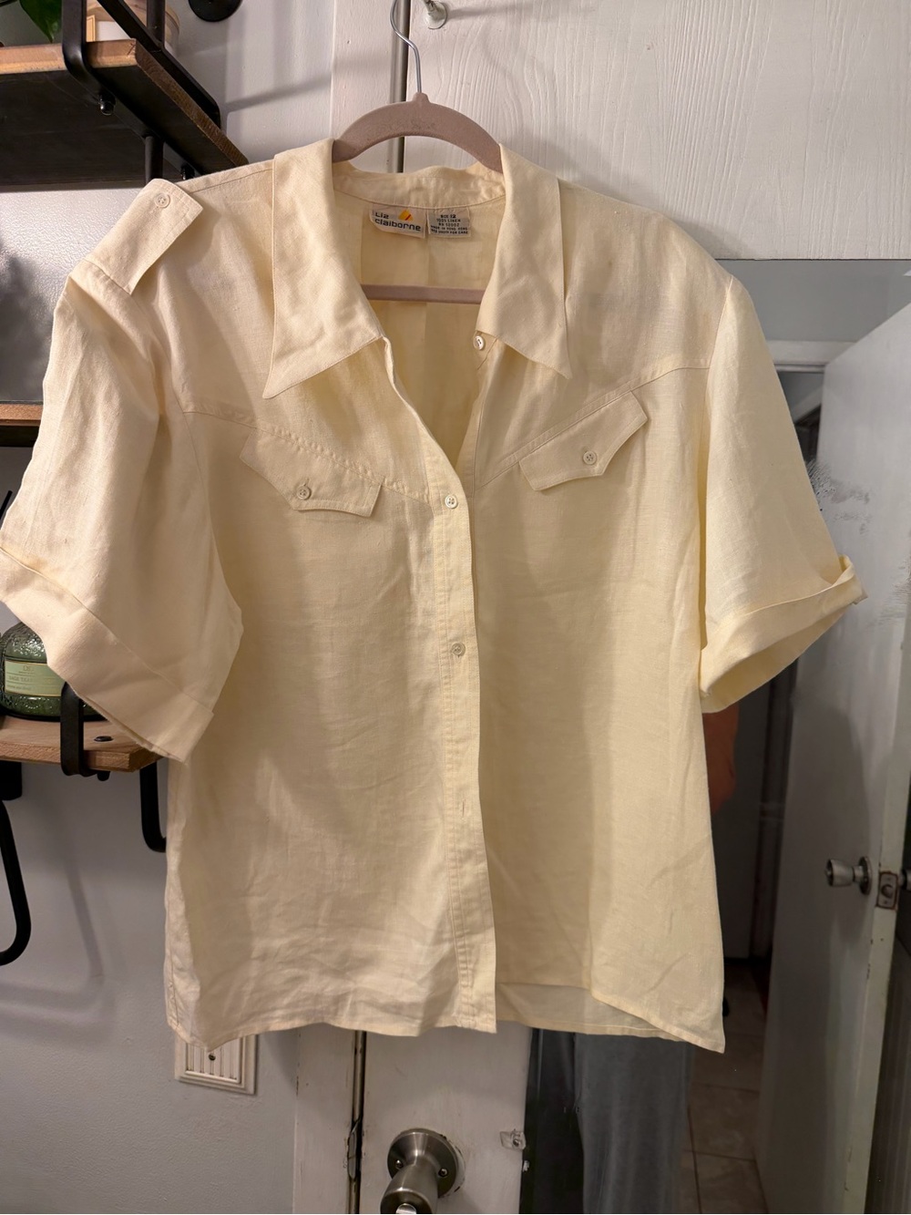Vintage 80’s Liz Claiborne Linen Light Cream Short-Sleeve Button-Down Shirt